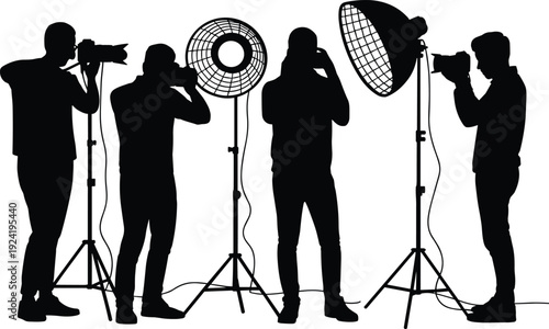 Professional photographers silhouette working with studio lighting equipment and cameras, creative photography team setup, media production and photo shoot concept, black and white vector illustration