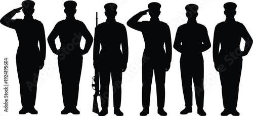 Military soldiers silhouette lineup in uniform with salute and rifle, disciplined armed forces personnel poses, defense service and army concept, black and white vector illustration
