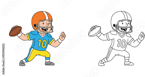 Cartoon American football player boy throwing ball. Color and black and white outline vector illustration for coloring book.