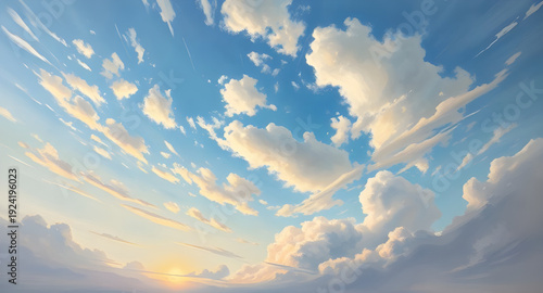 clouds, sky, oil, painting, background, artwork, art, canvas, texture, brushstroke, blue, white, fluffy, airy, atmosphere, nature, weather, dreamy, soft, calm, peaceful, serene, horizon, daylight, sun