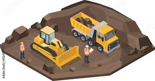 Isometric mining site illustration with bulldozer, dump truck and engineers working in quarry excavation construction industry concept design