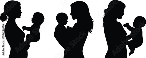 "Mother holding baby silhouettes showing care, nurturing, bonding, parenting love vector illustration for family design"
