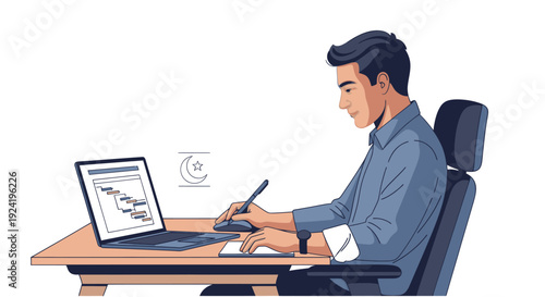 A man working on a laptop with a stylus.