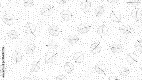 Seamless pattern of light grey hand drawn leaf silhouettes on a white background with a subtle fine dot texture for a delicate visual effect.