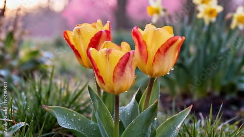 Beautiful Colorful Yellow Tulips Blooming in a Spring Garden