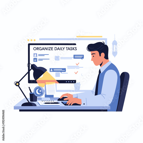 Man sitting at desk working on computer with daily tasks on screen.