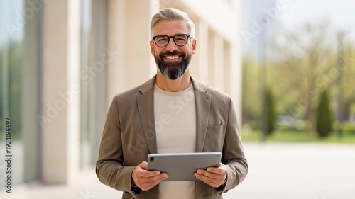 Smiling middleaged man in brown blazer holding tablet outside office building