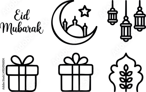 Eid Mubarak Calligraphy Outline Icon Set Islamic Typography and Celebration ElementsEid Mubarak Calligraphy Outline Icon Set  Islamic Typography and Celebration Elements