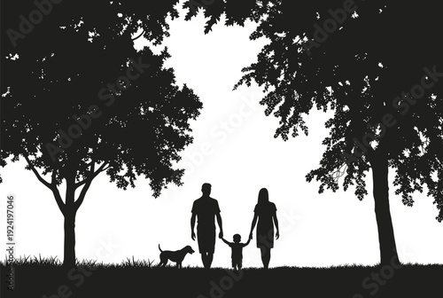Family walking with child and dog silhouette in park, parents holding hands with kid under trees vector illustration nature scene