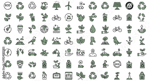 Eco icon set vector for recycling renewable energy sustainable living and environmental awareness