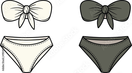 Women Bikini Set Technical Drawing Illustration Featuring Front Views Of A Bandeau Bow Top And Basic Briefs For Swimwear Design Clothing Template