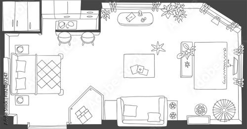 Top View Studio Apartment Floor Plan Illustration Featuring Bedroom Living Area Kitchen And Furniture Layout For Interior Design Architecture Real Estate Marketing And