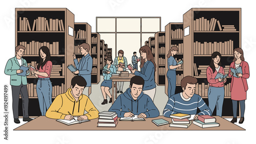 Group of diverse students is engaged in reading and studying among rows of bookshelves in a spacious and quiet university library setting.