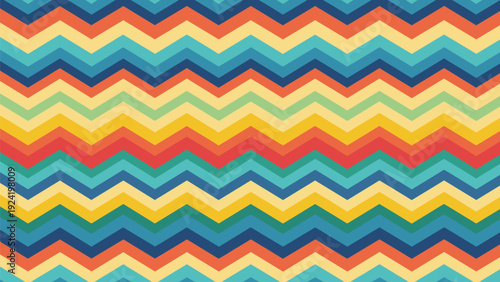 Vibrant chevron pattern consists of multiple horizontal zigzag lines in a variety of retro colors including blue, yellow, red, and orange.