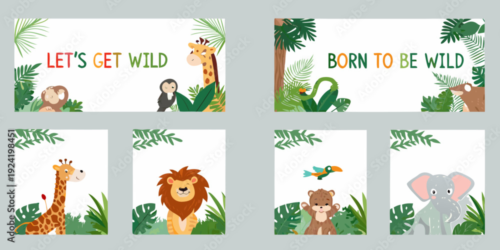 Fototapeta premium Jungle themed baby shower or birthday party invitation designs