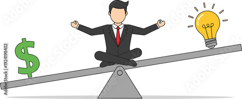 Thin line outline icon of businessman balancing on seesaw between money dollar and lightbulb idea creativity profit business decision equilibrium
