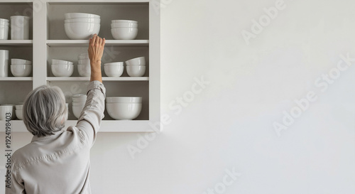 Elderly woman reaching for white bowls in modern kitchen cabinet  