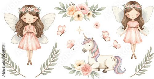 Whimsical fairy girls surrounded by floral elements and cute forest animals