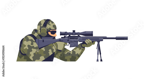 A soldier in green and tan camouflage gear aims a long sniper rifle with a scope and bipod while wearing tactical headphones and sunglasses.