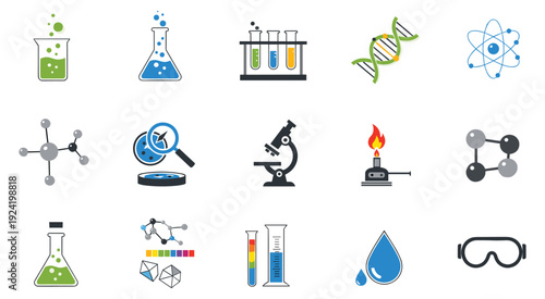 Science and biology research icon set with petri dish and dna helix