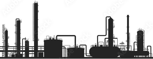 Industrial refinery silhouette vector illustration with distillation columns, storage tanks, piping systems, chemical plant structures, complex infrastructure, isolated background.