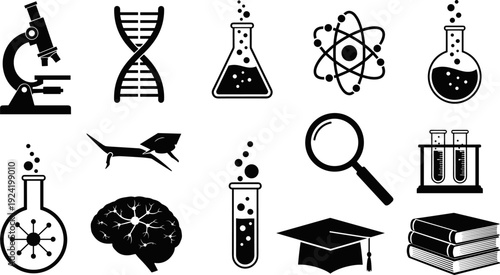 Science and Laboratory Education Icon Set with Microscope and DNA Vector