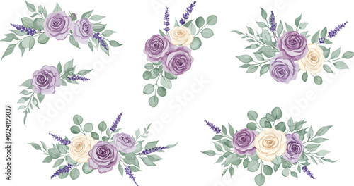 Watercolor floral arrangements in purple and yellow on white background