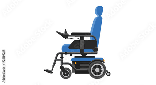 A side profile illustration of a blue motorized power wheelchair with a high backrest and joystick controller isolated on a plain white background.