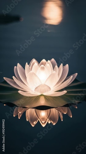 Floating lotus flower illuminated on calm water surface  