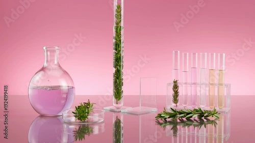 Glass laboratory equipment with green plants and pink liquids on a pink background for science or botanical research purposes