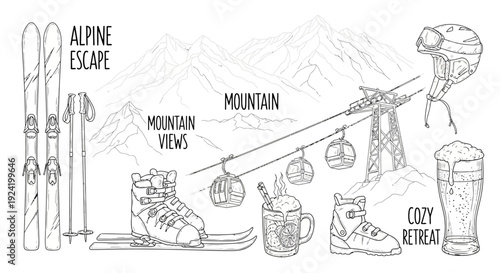 Skiing and Winter Sports Equipment with Mountain Views and Refreshments.