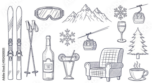 Winter sports and leisure activities hand-drawn sketch collection.