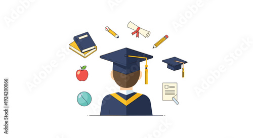 A back view illustration of a graduate wearing a dark blue cap and gown surrounded by floating educational icons like books and diplomas on a white background.