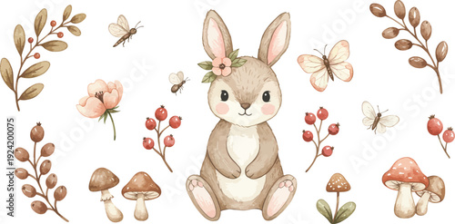 A brown rabbit with a flower crown sitting among mushrooms and flowers