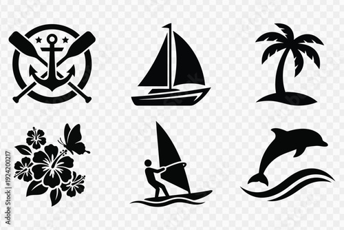 Collection of nautical and tropical themed vector graphic icons on a transparent background