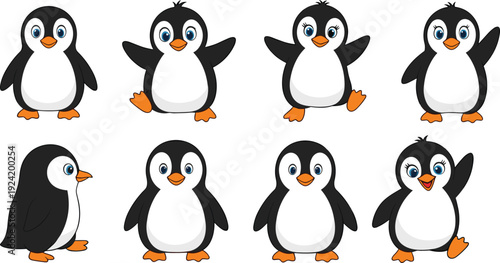 Cute penguin characters collection with different poses and expressions adorable cartoon arctic bird vector illustration set