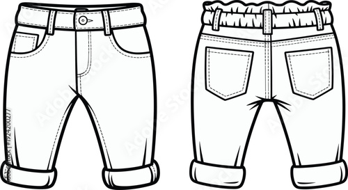 Front and back technical of children's rolled-cuff denim jeans with belt loops, pockets, and elastic waistband detail