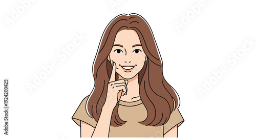 A young woman with long brown hair and a beige shirt smiles while pointing one finger to her cheek against a solid white background.