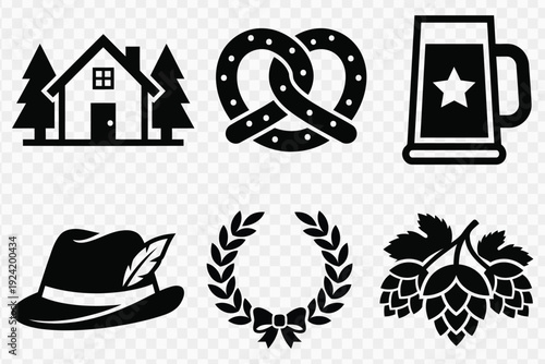 Collection of Oktoberfest related icons including a house with trees pretzel beer mug hat wreath and hops isolated on transparent background