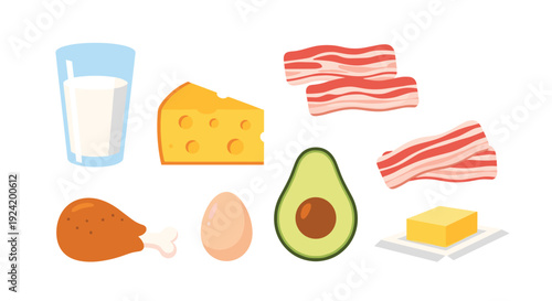 Various food items including milk cheese bacon chicken an egg avocado and butter are arranged on a plain white background surface.