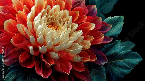 Macro red and cream blooming dahlia flower with green leaves for greeting cards.

