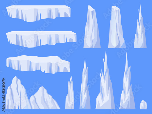 Stylized ice floes and snow formations against a vibrant blue background