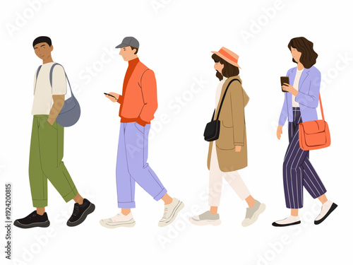 Four people walking in a line viewed from the side