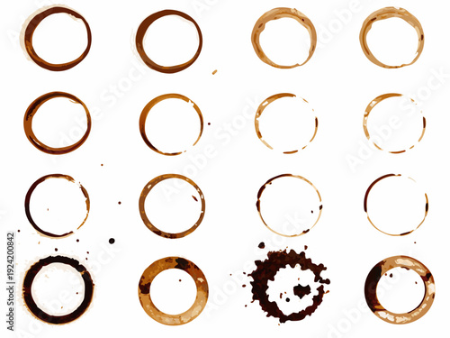 Collection of various coffee rings and stains scattered on a white surface isolated