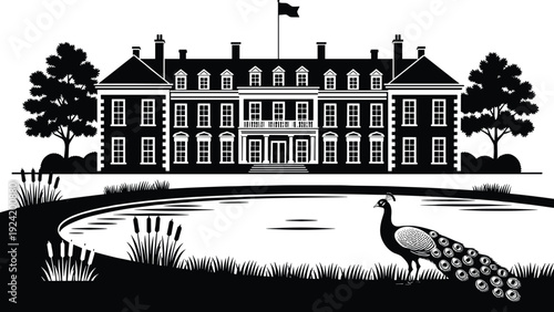 Grand estate mansion silhouette with pond and peacock, luxury historic residence isolated on white background classic architecture vector illustration