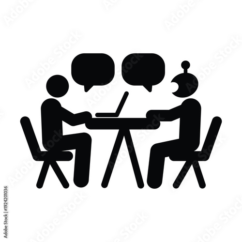 AI and Human Business Meeting Collaboration Icon, Artificial intelligence robot and human discussing at table with laptop representing AI collaboration