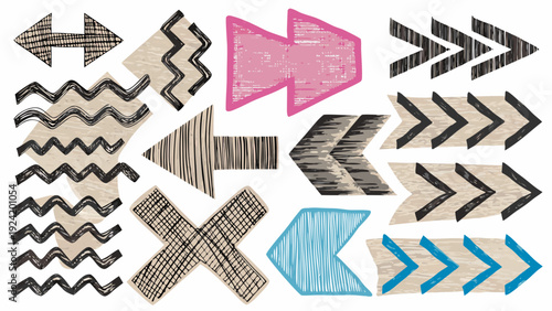 Collection of abstract arrows and lines in various textures and colors against a white background
