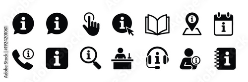 Info or information icon vector set, modern vector illustrations including chat, call, schedule, location, receptionist, instruction, help, support, and service symbols for apps, websites, and profess