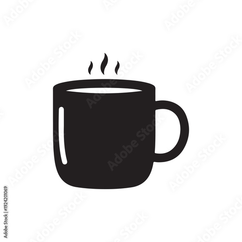 Simple black silhouette of a steaming hot coffee mug with handle on the right side  isolated on white background