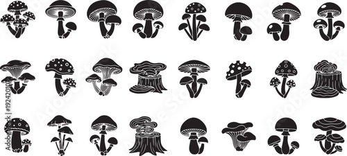 Collection of mushroom silhouettes and tree stump graphics for forest nature design and autumn woodland projects with various fungus types isolated on transparent grid